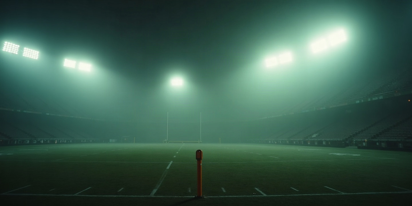 An empty stadium in the fog